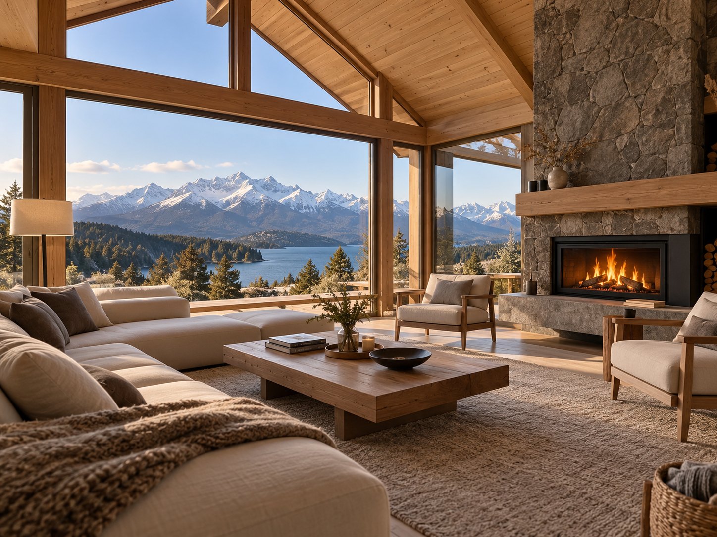 Living de montaña con chimenea y ventanal al lago y la cordillera